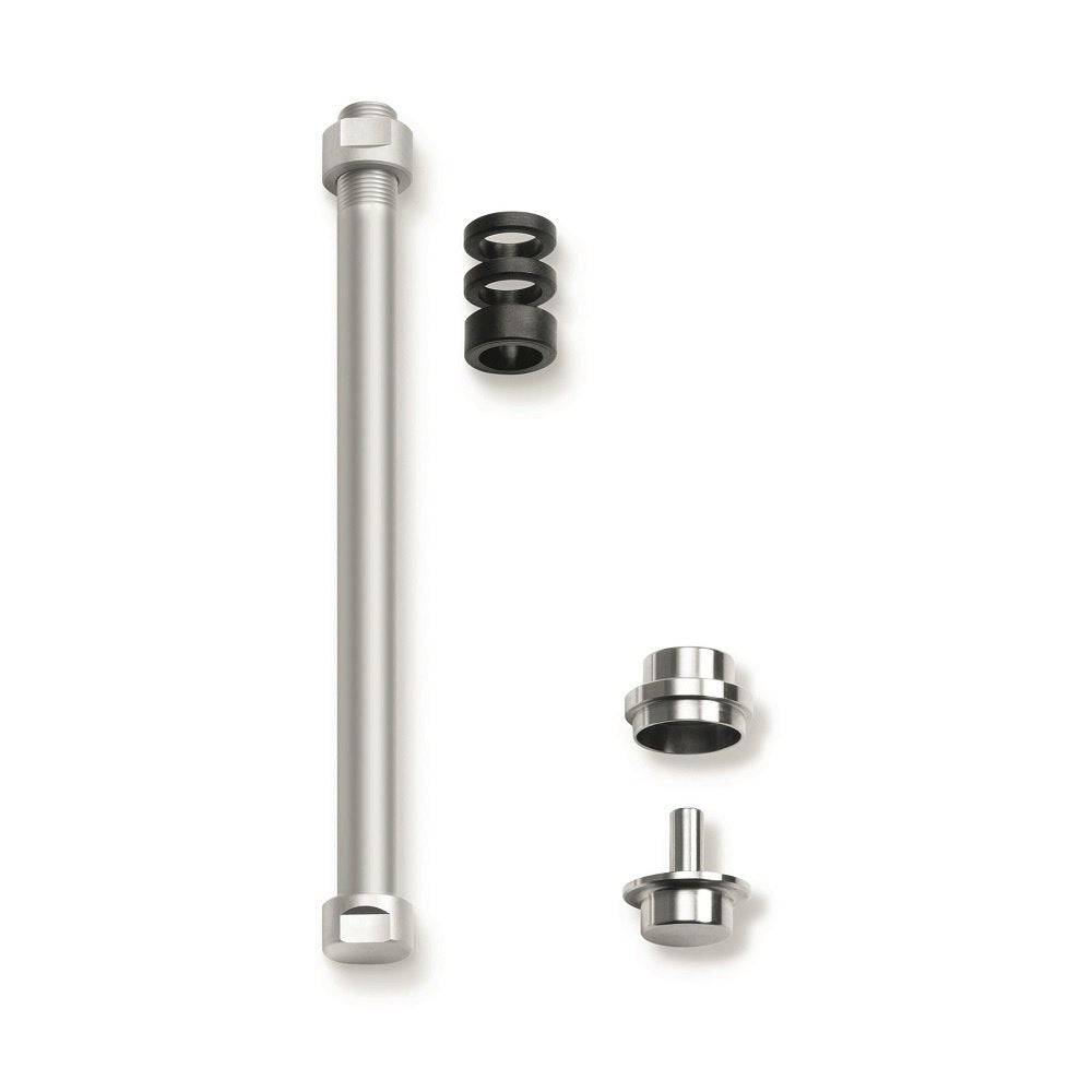 Tacx Trainer Adapter for X-12 Axle compatible with thru axle bikes and indoor trainers, shown connected to a bicycle.