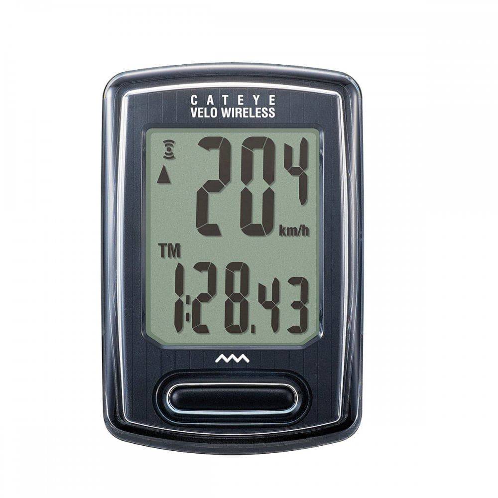 CatEye Velo Wireless cycle computer in black displaying speed and distance tracking for bikes.