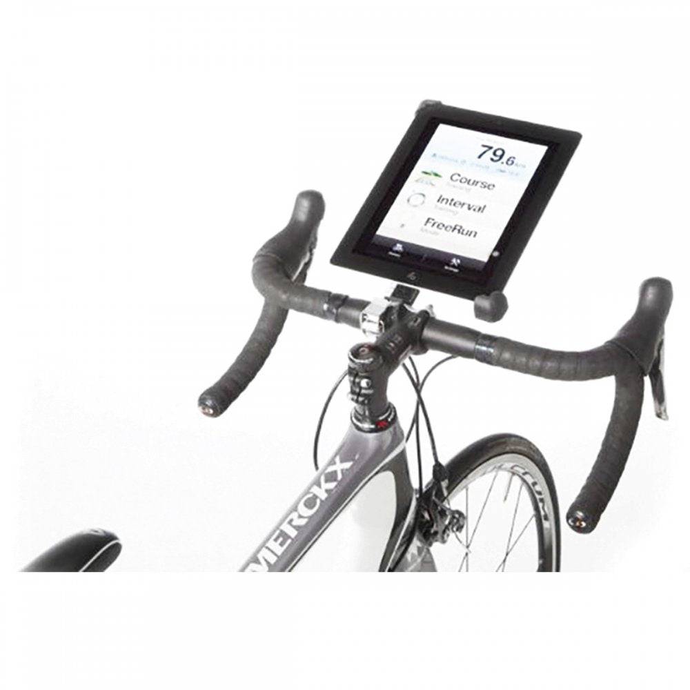Minoura handlebar mount for iPad and tablets, secure bike tablet holder attached to a bicycle handlebar.