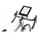 Minoura handlebar mount for iPad and tablets, secure bike tablet holder attached to a bicycle handlebar.