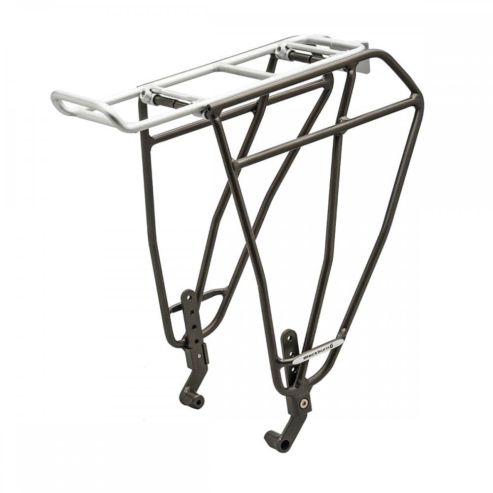 Blackburn Outpost Fat Bike Rack in black and silver mounted on a bike, showcasing durable gear carrier accessories.
