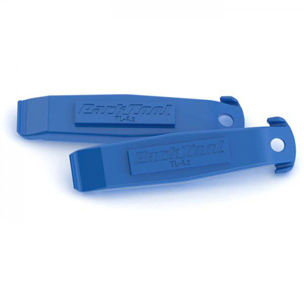 Park Tool TL-4.2 tyre lever set with spoke hooks for bike maintenance, showing two durable plastic tyre levers on a workshop surface.