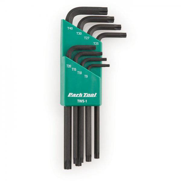 Park Tool TWS-1 L-shaped Torx wrench set with portable holder, includes T9 to T40 sizes for bike and workshop repairs.
