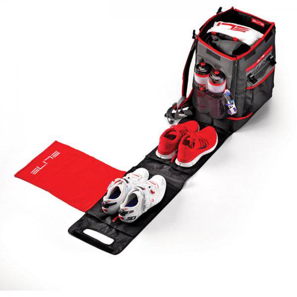 Elite Tri Box portable triathlon transition organizer backpack with compartments for gear and accessories.