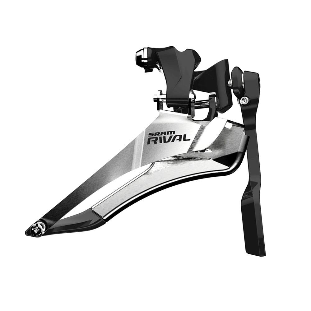 SRAM Rival22 front derailleur braze-on with chain spotter for road and cyclocross bikes, showcasing the component's design and mounting.