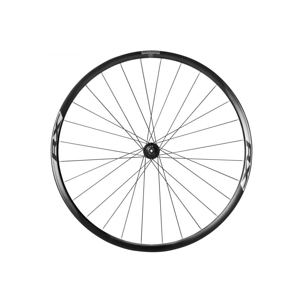 Shimano WH-RX010 disc road wheel with 700C clincher rim, 24mm width, center-lock rotor mount, black alloy components.