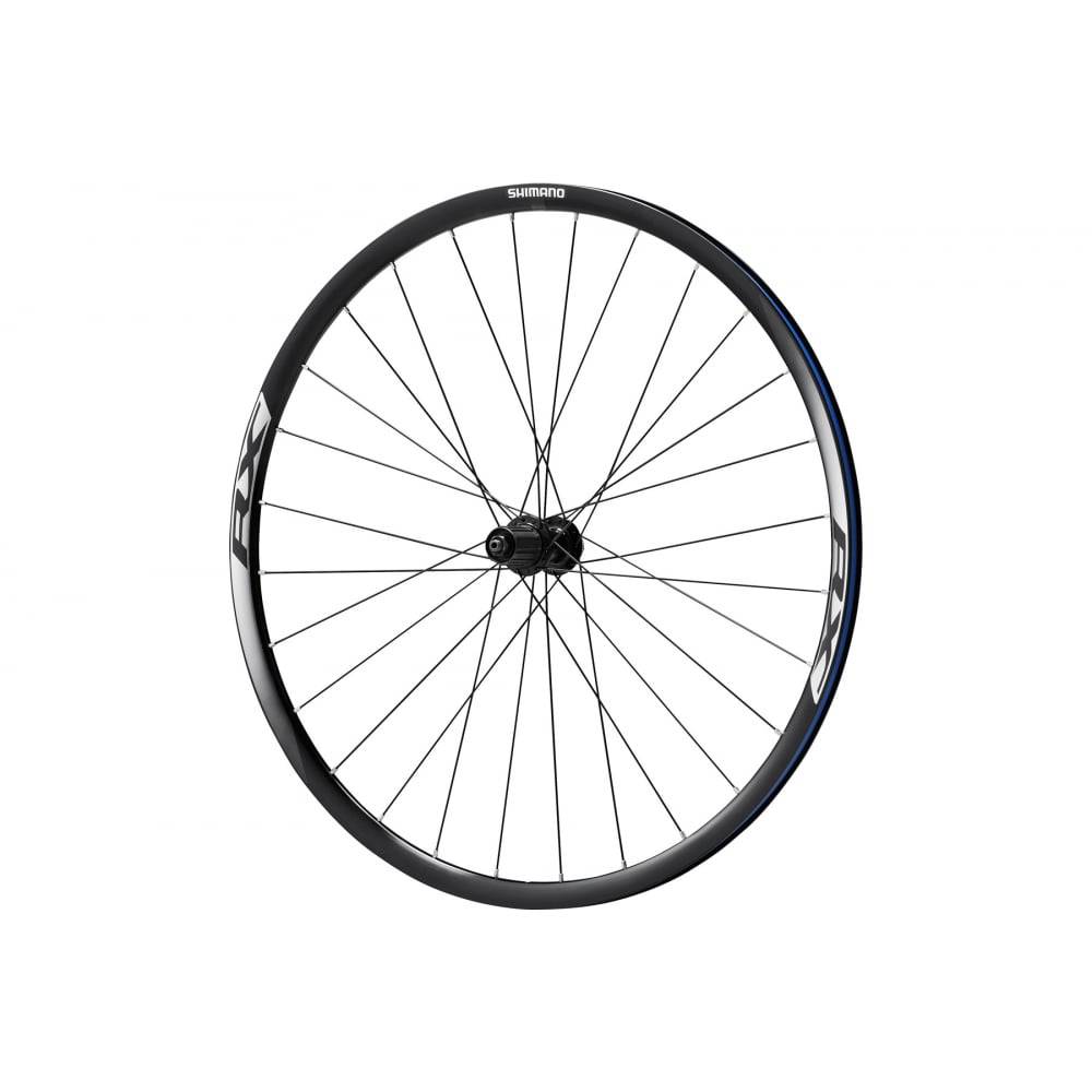 Shimano WH-RX010 disc road wheel with 700C clincher rim, 24mm width, center-lock rotor mount, suitable for cycling components.