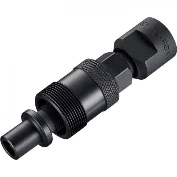 Shimano TL-FC11 cotterless crank extractor tool for bike maintenance, shown in a Shimano Workshop setting.