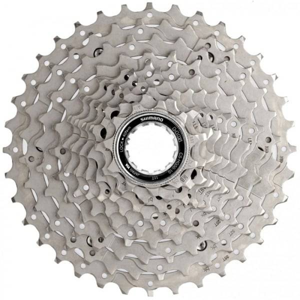Shimano Deore 10-speed MTB cassette with 11-36T sprockets, durable components for smooth shifting on mountain bikes.