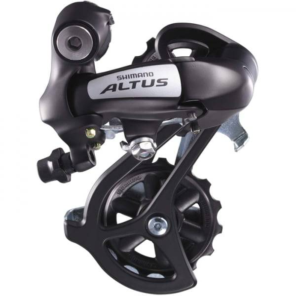 Shimano Altus RD-M310 SGS rear derailleur in black for 7-8 speed mountain bikes, showcasing gears and mounting mechanism.