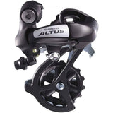 Shimano Altus RD-M310 SGS rear derailleur in black for 7-8 speed mountain bikes, showcasing gears and mounting mechanism.