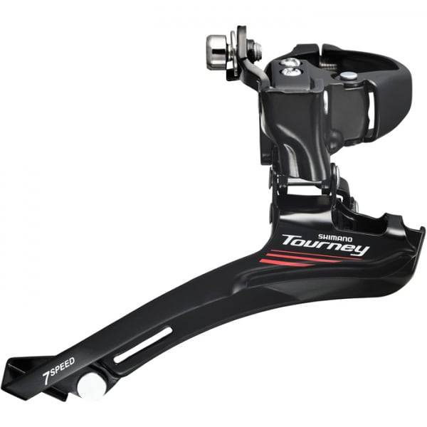 Shimano Tourney TY FD-A073 7-speed front derailleur for triple chainrings, compatible with 28.6, 31.8, and 34.9mm mounts.