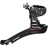 Shimano Tourney TY FD-A073 7-speed front derailleur for triple chainrings, compatible with 28.6, 31.8, and 34.9mm mounts.