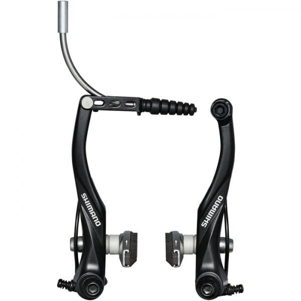 Shimano Alivio BR-T4000 V-brakes with S65T shoes for reliable stopping in wet weather, mounted on a bicycle wheel.
