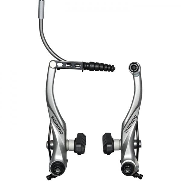 Shimano Alivio BR-T4000 V-brakes with S65T shoes for reliable wet weather stopping on bicycles.