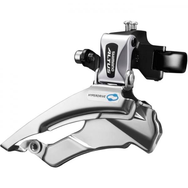 Shimano Altus FD-M310 8-speed front derailleur for mountain bikes, showing dual pull mechanism and mounting clamp.