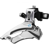 Shimano Altus FD-M310 8-speed front derailleur for mountain bikes, showing dual pull mechanism and mounting clamp.
