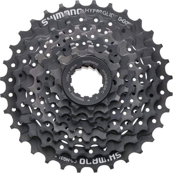 Shimano Acera CS-HG31 8-speed bicycle cassette with 11-34T gears, designed for smooth shifting and hill climbing.