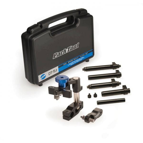 Park Tool DT-5.2 disc brake mount facing set for IS, Post, and Shimano flat mounts, used in workshop bike maintenance.