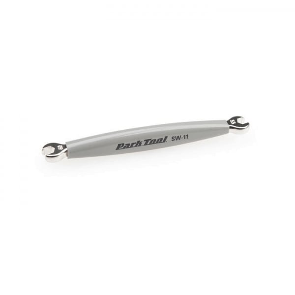 Park Tool SW-11 spoke wrench in use, designed for Campagnolo 5.5mm and 6.0mm hex nipples, ideal for bike wheel maintenance.