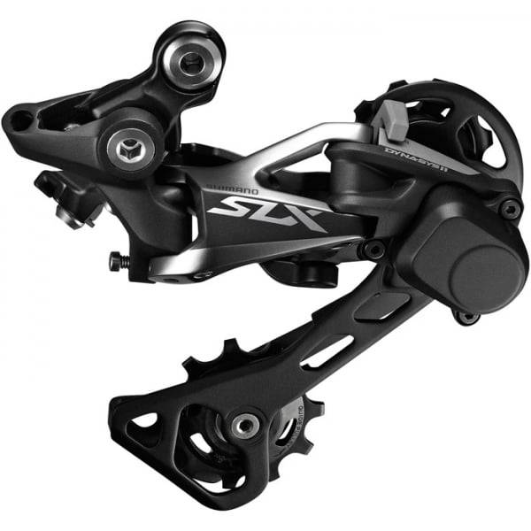 Shimano SLX RD-M7000 GS 11-speed Shadow+ rear derailleur for MTB bikes, showcasing the black component with mounting hardware.