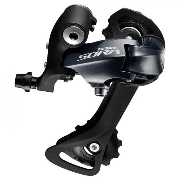 Shimano Sora RD-R3000 9-speed rear derailleur for road bikes, compatible with 11-32T gear range, shown in close-up image.