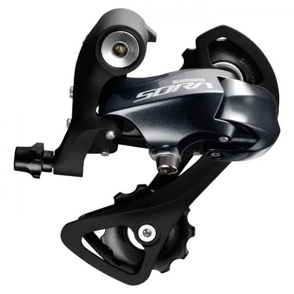 Shimano Sora RD-R3000 9-speed rear derailleur for road bikes, compatible with 11-32T gear range, shown in a close-up image.