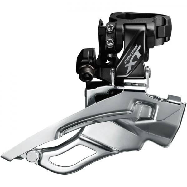 Shimano Deore XT FD-T8000-H triple front derailleur for 10-speed trekking bikes, shown attached to a bike frame.