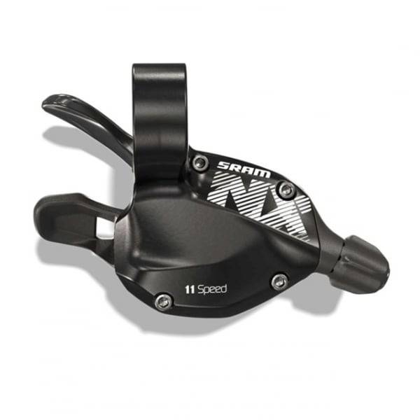 SRAM NX 11-speed MTB rear trigger shifter with black finish and discrete clamp for mountain bike components.