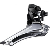 Shimano Dura-Ace FD-R9100 11-speed front derailleur for road bikes, showing sleek metal construction and mounting mechanism
