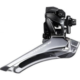 Shimano Dura-Ace FD-R9100 11-speed front derailleur for road bikes, showing sleek metal construction and mounting mechanism