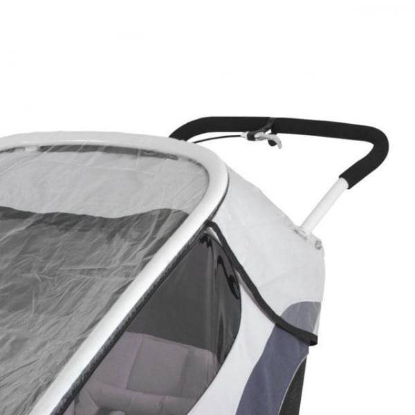 Transparent Hamax Outback rain cover for child trailer, weather protection accessory with clear plastic material.