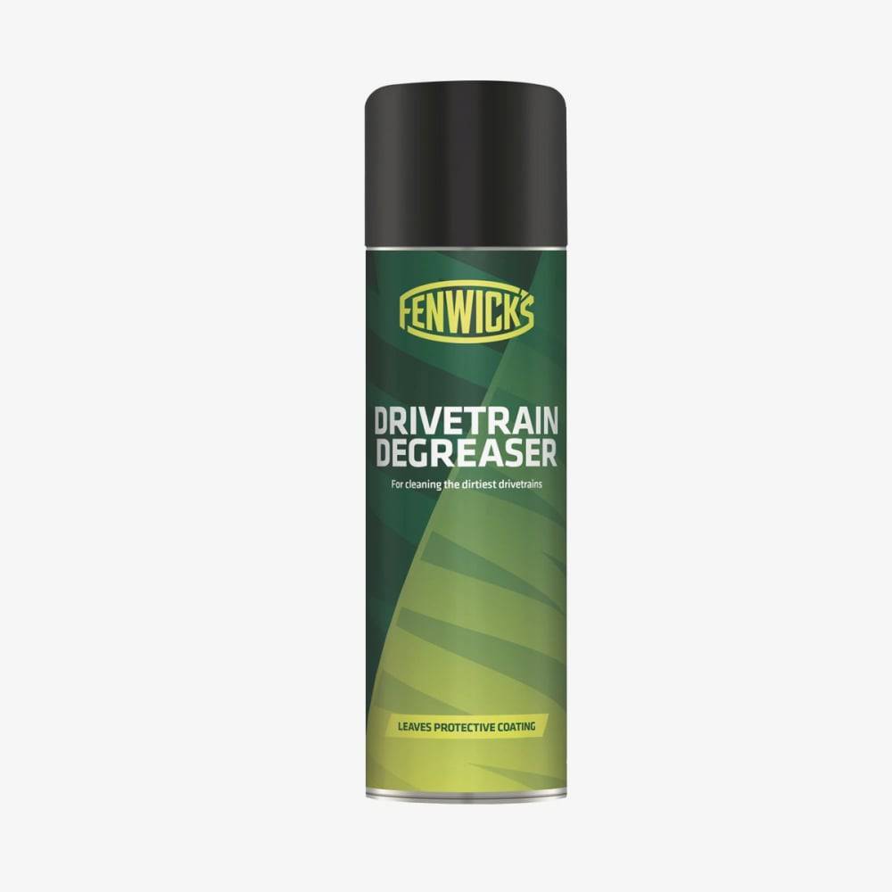 Fenwick's Drivetrain Degreaser 500ml in workshop setting, showing the heavy-duty solvent and rust protection features.
