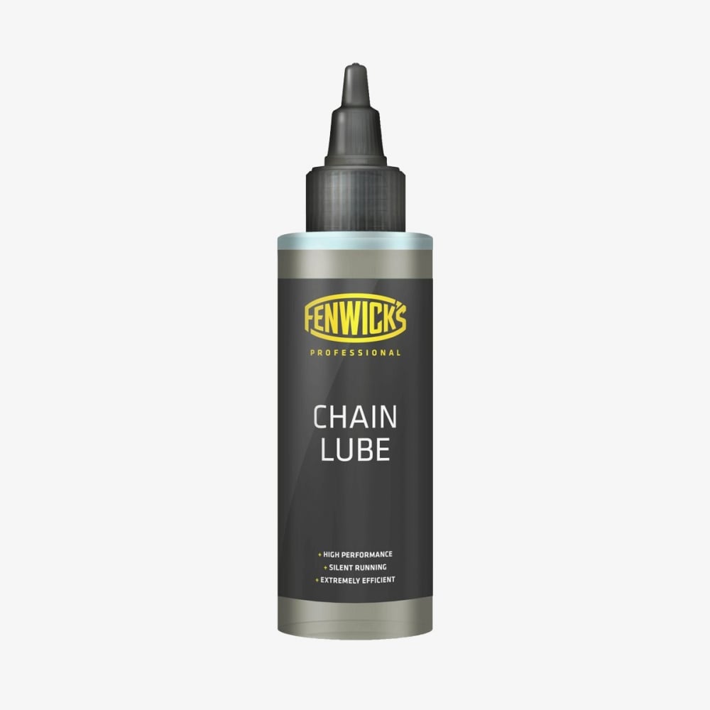 Fenwick's Professional Chain Lube 100ml bottle, durable lubricant for wet and dry conditions, used in workshop applications.