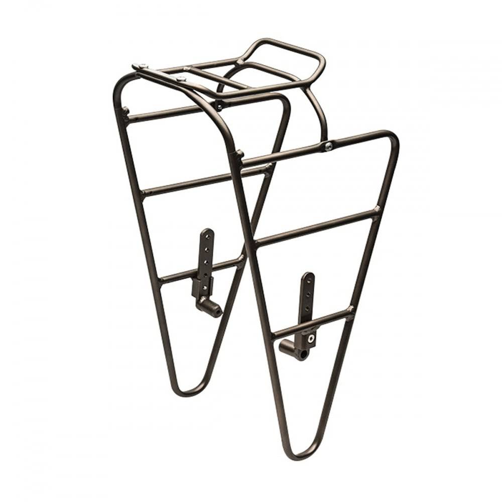 Blackburn Outpost Front Bikepacking Rack with removable top shelf mounted on a bike, made of titanium for durability and lightweight support.