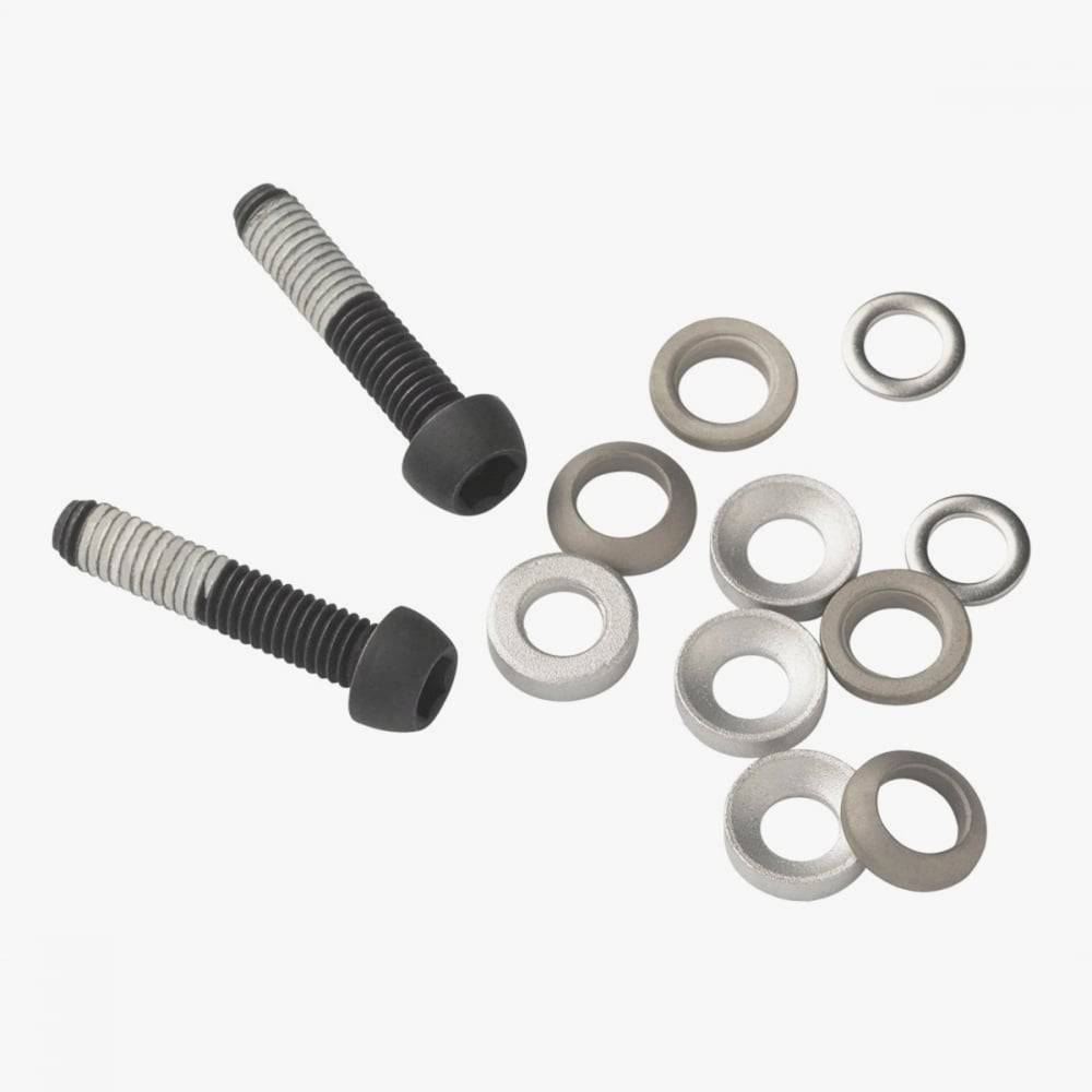 Two stainless steel T25 17mm flat mount caliper bracket mounting bolts for SRAM bike components.