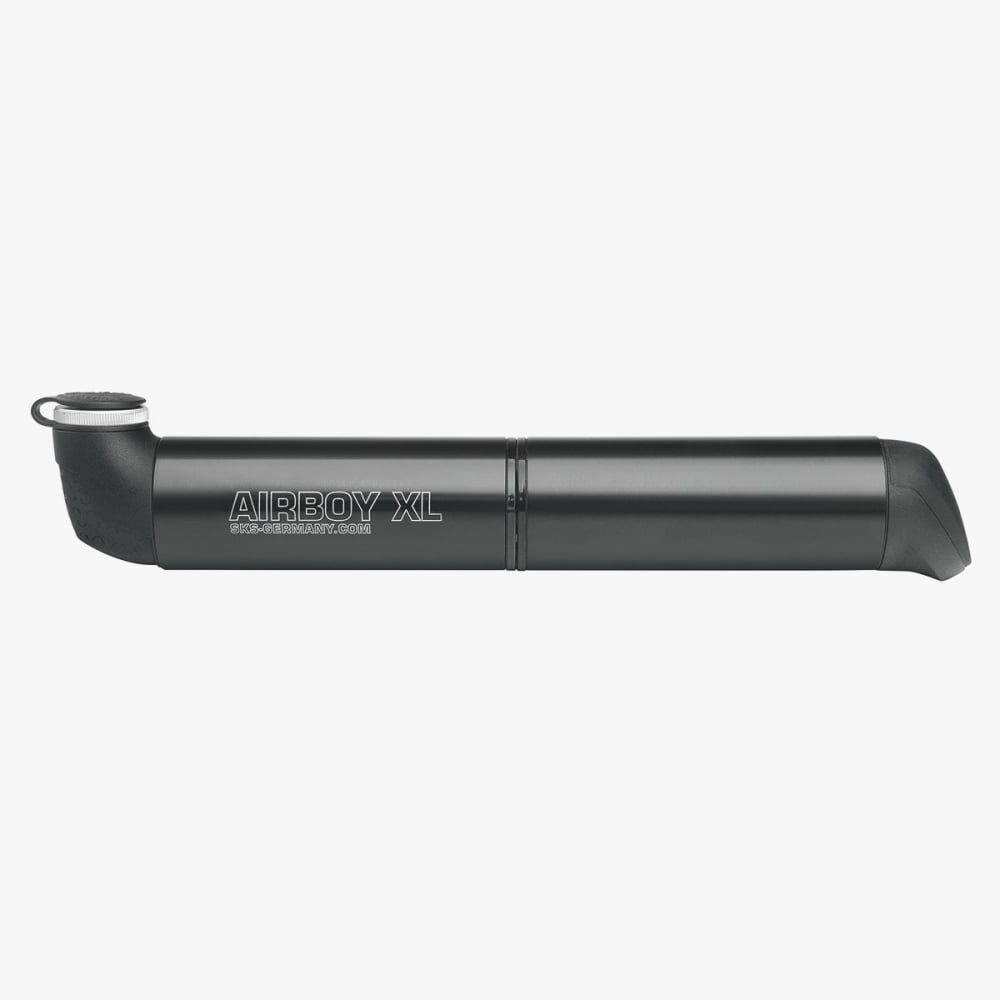 SKS Airboy XL bike pump in black with dual chambers, compatible with Presta and Schrader valves, compact accessories for cycling.
