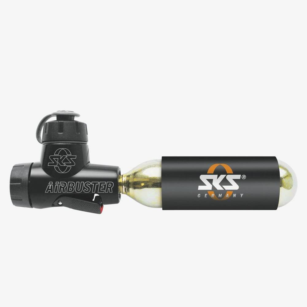 SKS Airbuster CO2 inflator pump with pressure regulator and frame bracket, bike accessories for quick tire inflation