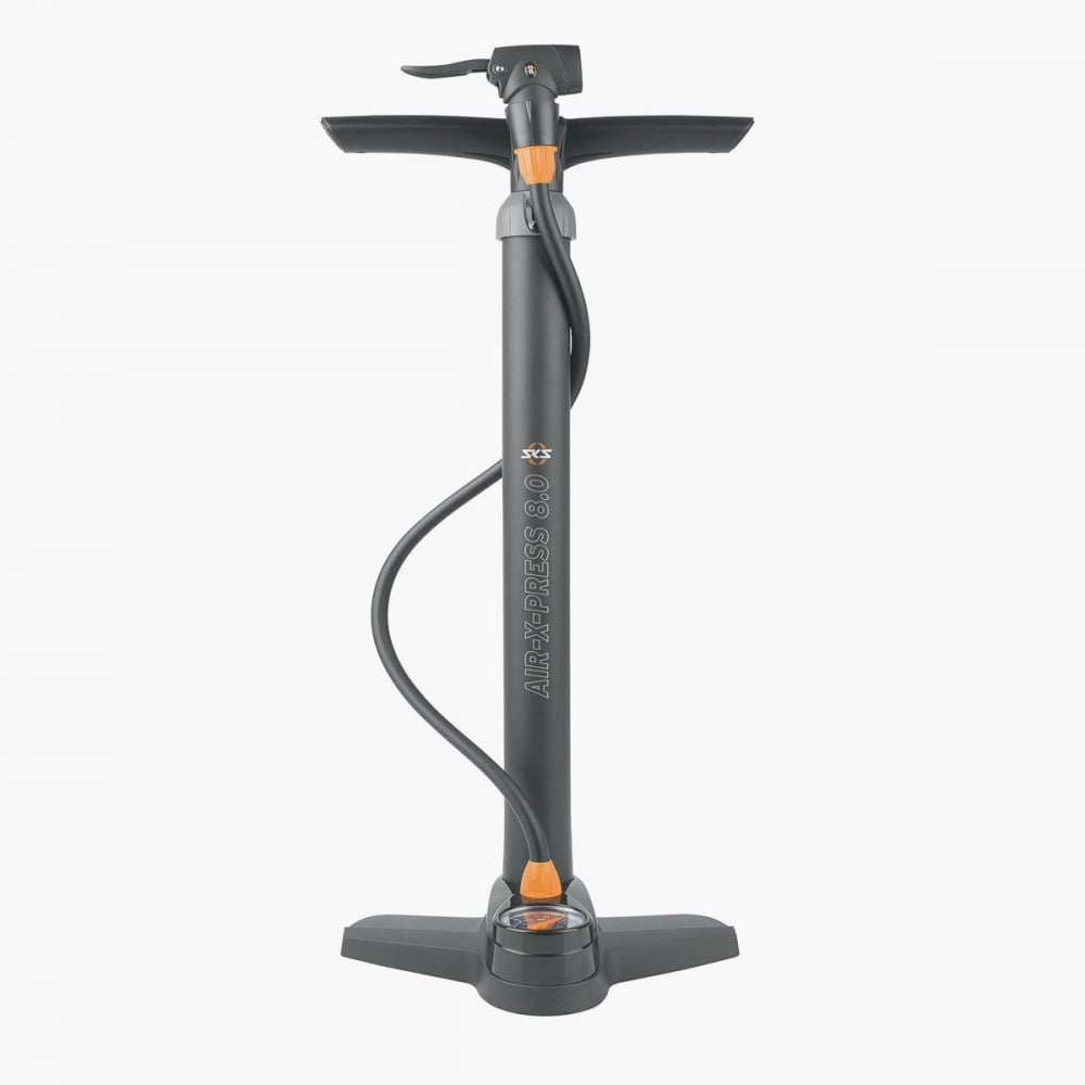 SKS Air-X-Press 8.0 floor pump with dual gauge and multi-valve head for bike tires, portable and easy to use.