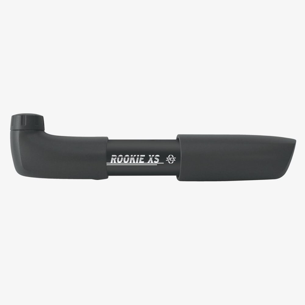 Black SKS Rookie XS Mini bike pump with reversible valve head, compact design and durable accessories for cycling.