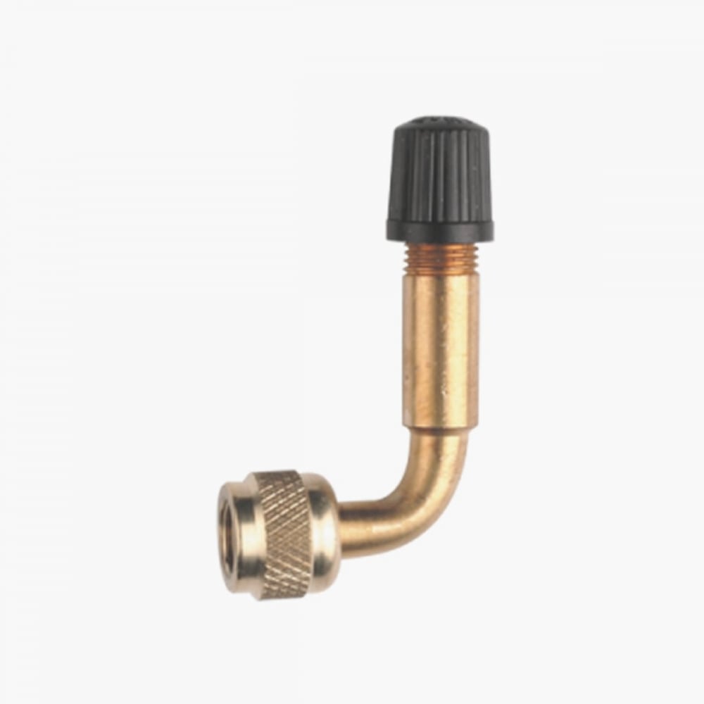 Weldtite Schrader valve extension with 90° bend, bicycle pump component for easy access and inflation at an angle
