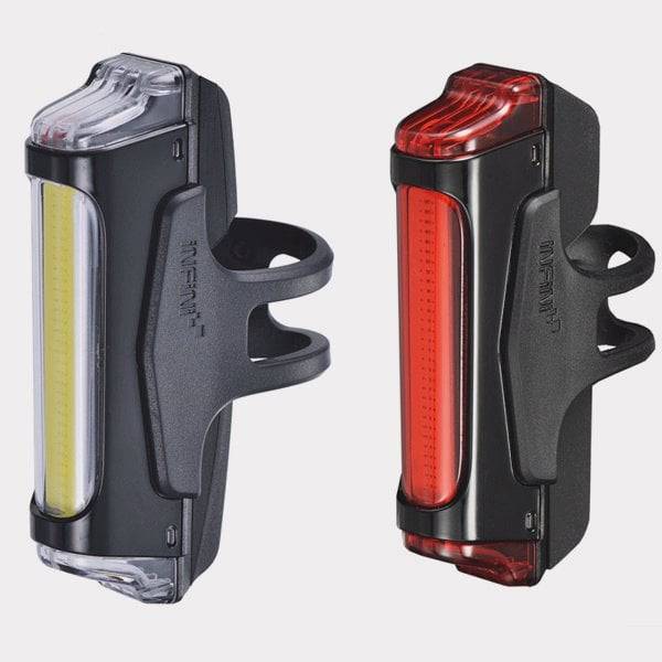 Infini Super Bright front and rear bike lightset with COB LED, rechargeable USB, designed for enhanced visibility during night riding.