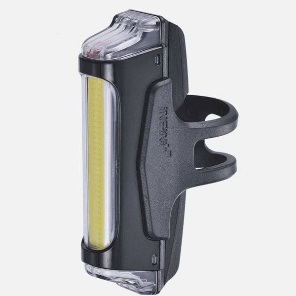 Infini Super Bright 30-LED COB bike front light with USB rechargeable battery, mounted on a bicycle handlebars for enhanced visibility.