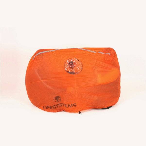 Lifesystems 2-3 person survival shelter with waterproof material and reflective strips, designed for emergency outdoor use.
