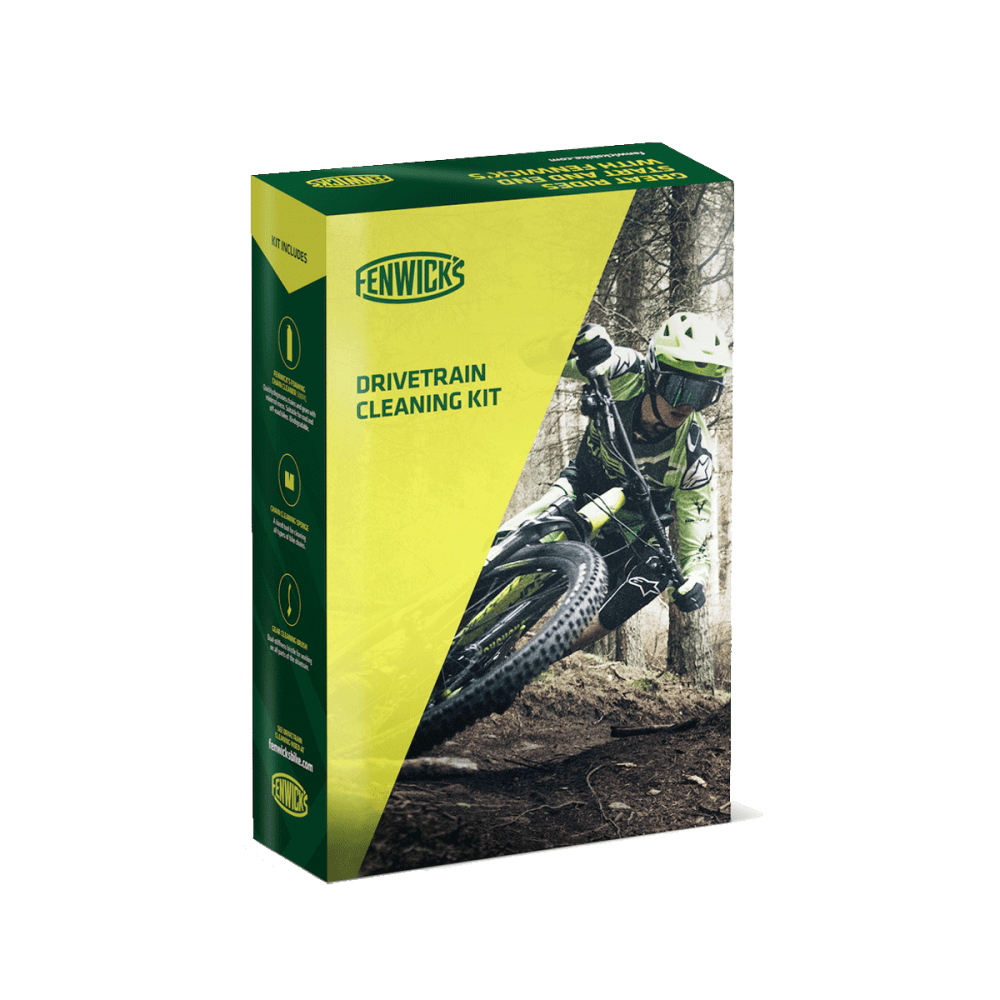 Fenwick's Drivetrain Cleaning Kit with foaming chain cleaner, chain sponge, and gear brush for bike maintenance.