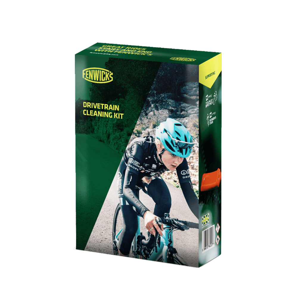 Fenwick's Drivetrain Cleaning Kit with foaming chain cleaner, chain sponge, and gear brush for bike maintenance.