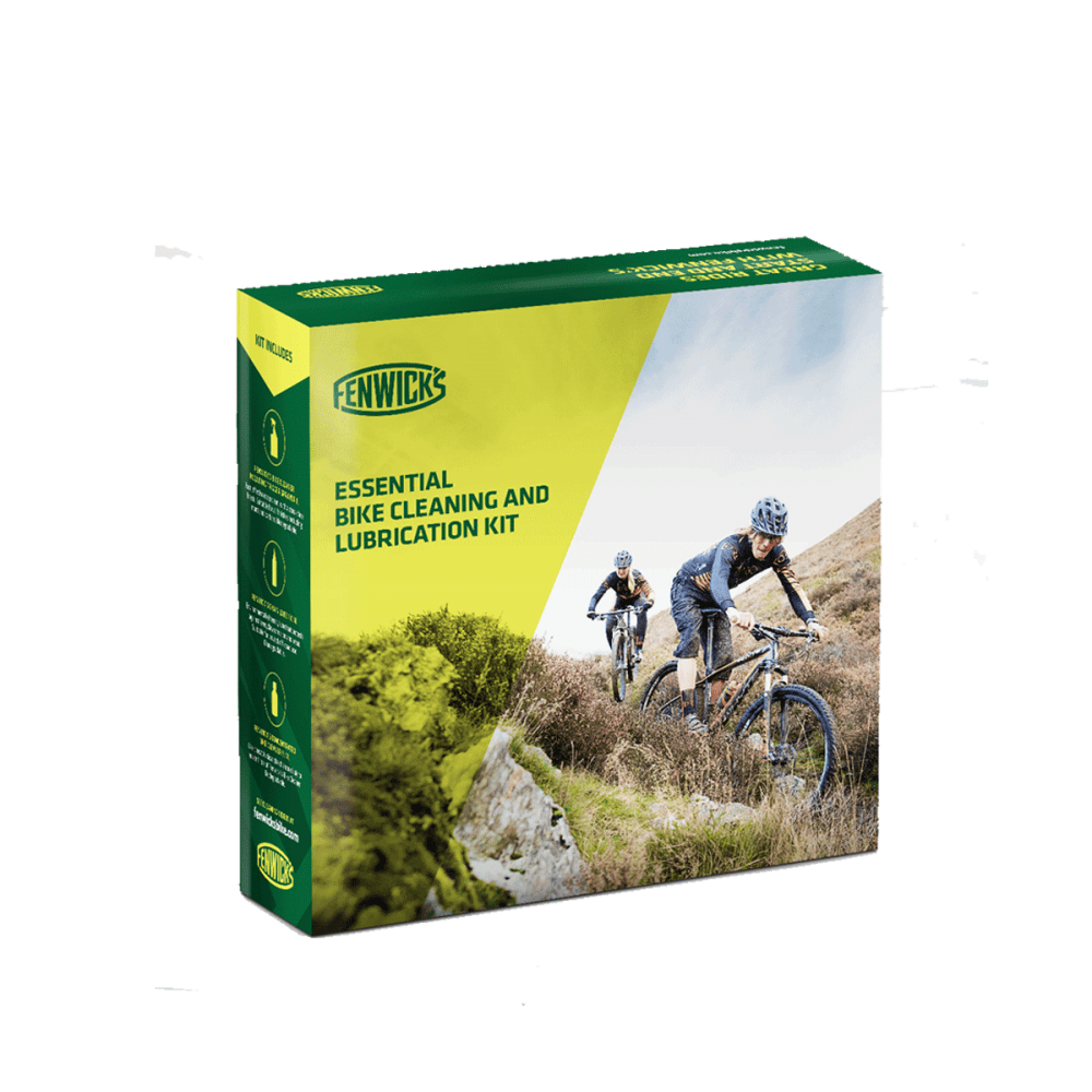 Fenwick's Essential Bike Cleaning & Lubrication Kit with biodegradable cleaner and all-conditions chain lube, suitable for workshop use.