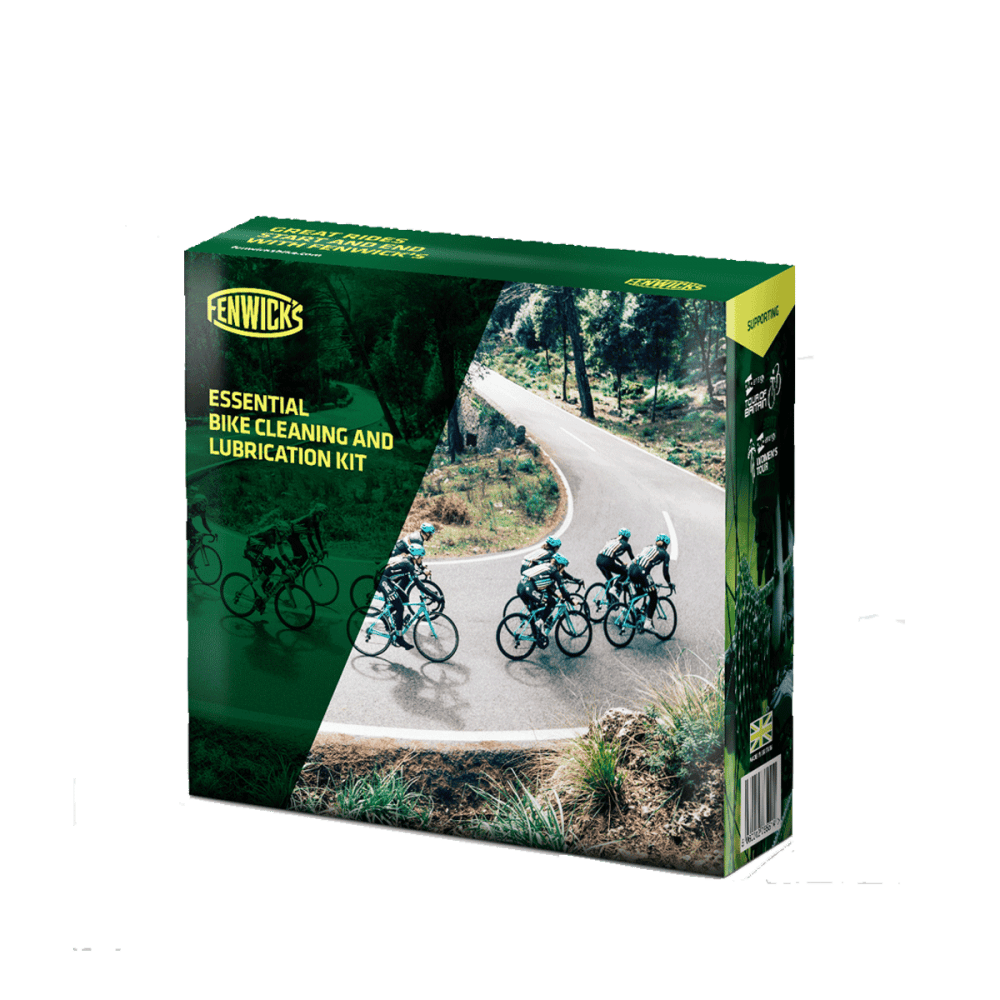 Fenwick's Essential Bike Cleaning & Lubrication Kit with biodegradable cleaner and all-conditions chain lube in workshop setting