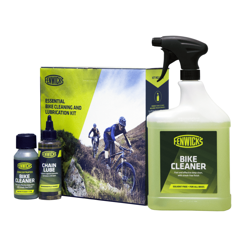 Fenwick's Essential Bike Cleaning & Lubrication Kit with biodegradable cleaner and all-conditions chain lube, workshop use.