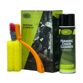 Fenwick's drivetrain cleaning kit with foaming chain cleaner, chain sponge, and gear brush for bike maintenance.